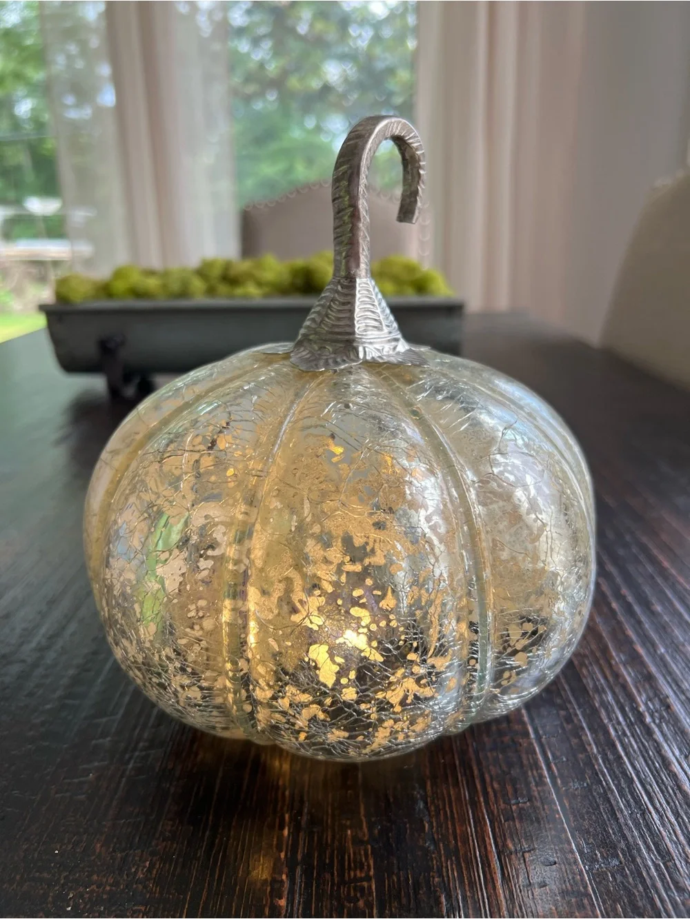 Mercury Crackle Glass Pumpkin Decoration, Silver Tone Metal Stem